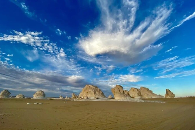White Desert Egypt landscape in clear daylight during the cooler travel season