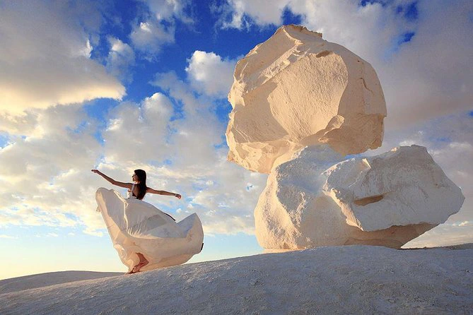 Bright chalk formations in the White Desert Egypt during mild daytime conditions