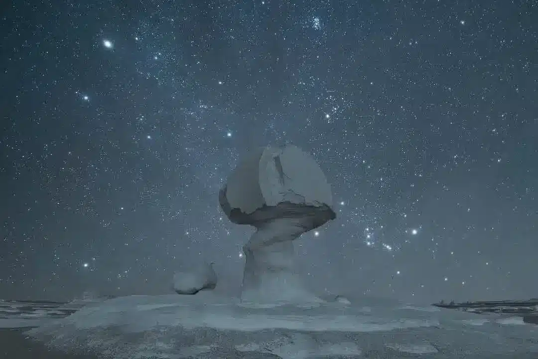 Mushroom rock formation in the White Desert Egypt under a star-filled night sky